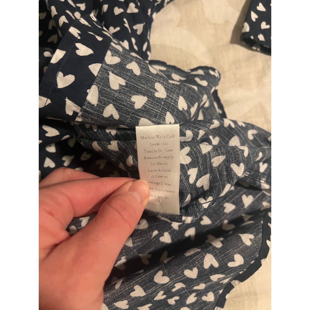 Frank & Eileen "Eileen" navy blue white heart printed cotton button up xs - Picture 7 of 8